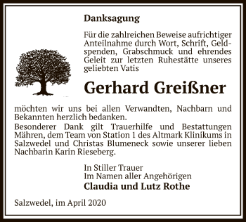 Traueranzeige von Gerhard Greißner von Uelzen