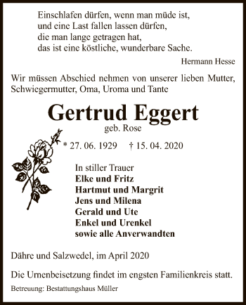 Traueranzeige von Gertrud Eggert von Uelzen