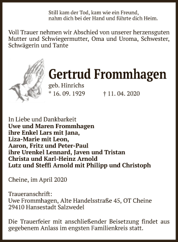 Traueranzeige von Gertrud Frommhagen von Uelzen