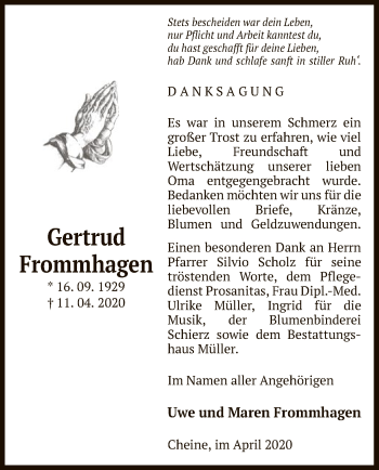 Traueranzeige von Gertrud Frommhagen von UEL