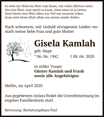 Traueranzeige von Gisela Kamlah von Uelzen