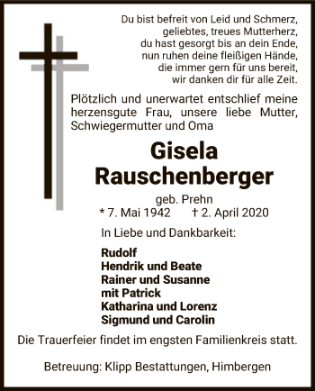 Traueranzeige von Gisela Rauschenberger von Uelzen