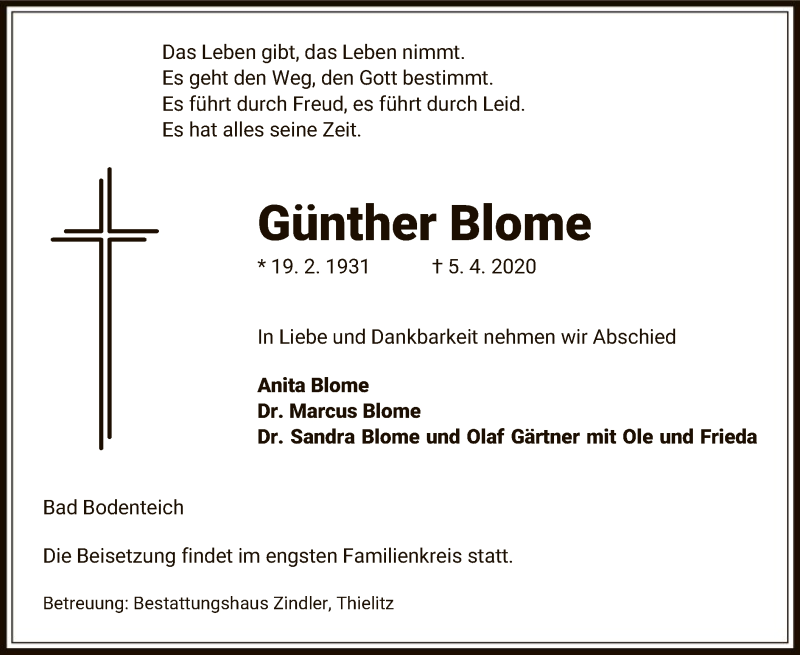  Traueranzeige für Günther Blome vom 11.04.2020 aus Uelzen