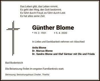 Traueranzeige von Günther Blome von Uelzen