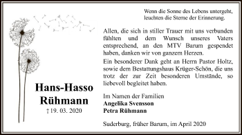 Traueranzeige von Hans-Hasso Rühmann von UEL