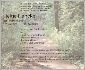 Traueranzeige von Helga Hancke von UEL