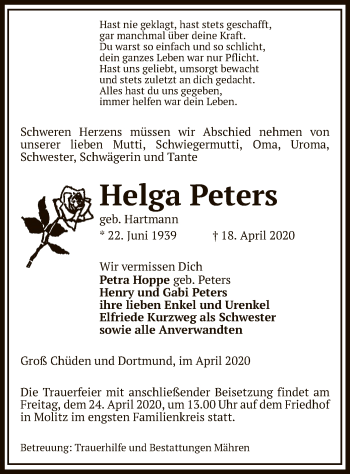 Traueranzeige von Helga Peters von Uelzen