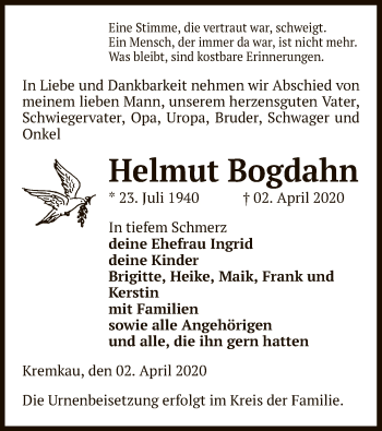 Traueranzeige von Helmut Bogdahn von Uelzen