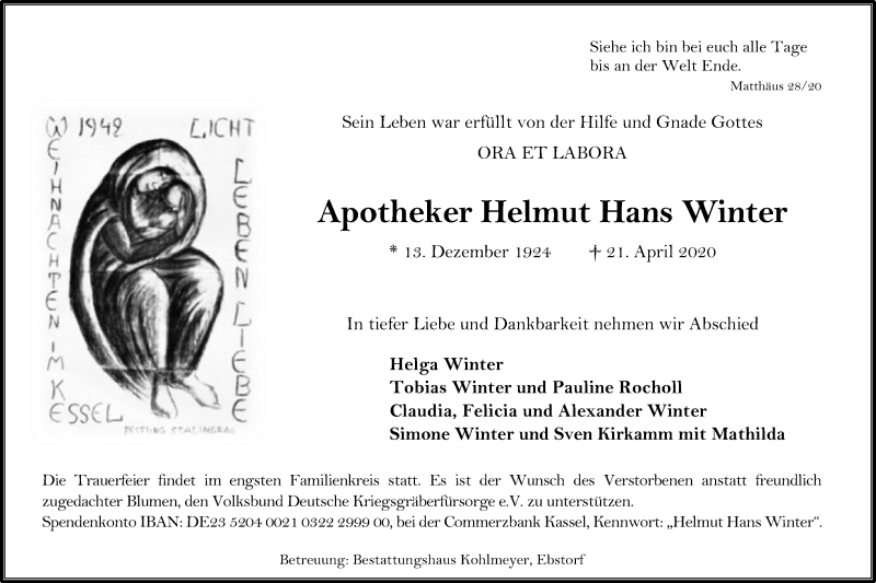  Traueranzeige für Helmut Hans Winter vom 25.04.2020 aus UEL
