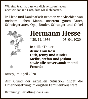 Traueranzeige von Hermann Hesse von Uelzen