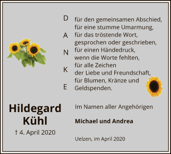 Traueranzeige von Hildegard Kühl von UEL