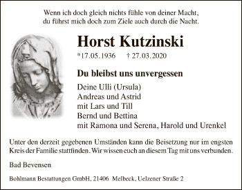 Traueranzeige von Horst Kutzinski von Uelzen