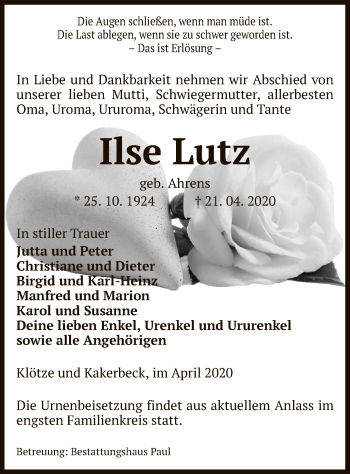 Traueranzeige von Ilse Lutz von UEL