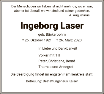 Traueranzeige von Ingeborg Laser von Uelzen