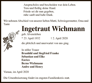 Traueranzeige von Ingetraut Wichmann von Uelzen