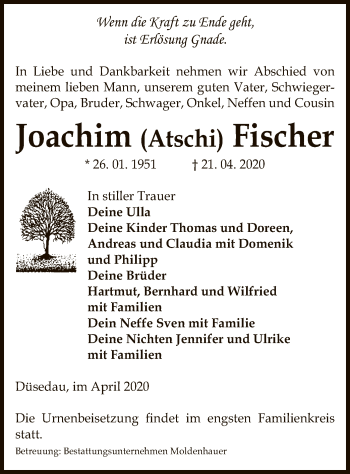 Traueranzeige von Joachim  Fischer von UEL