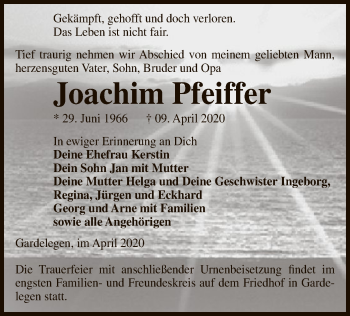 Traueranzeige von Joachim Pfeiffer von Uelzen