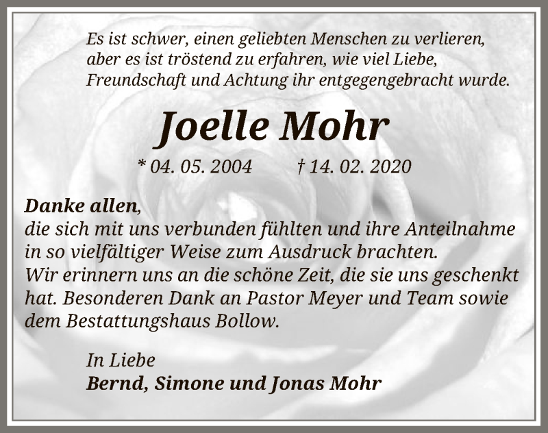  Traueranzeige für Joelle Mohr vom 11.04.2020 aus Uelzen