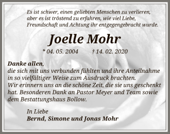 Traueranzeige von Joelle Mohr von Uelzen