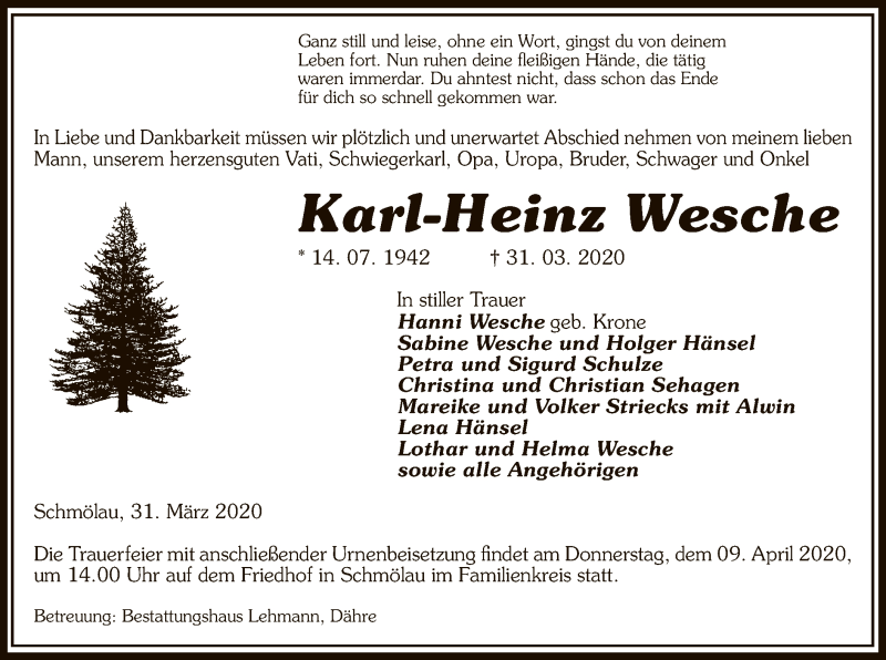  Traueranzeige für Karl-Heinz Wesche vom 02.04.2020 aus Uelzen
