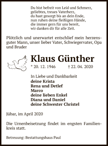 Traueranzeige von Klaus Günther von UEL