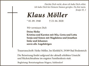 Traueranzeige von Klaus Möller von UEL
