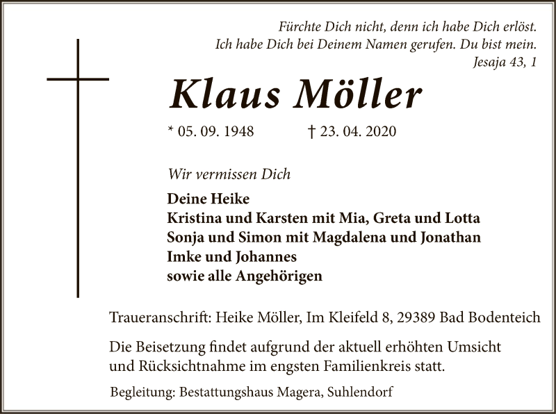  Traueranzeige für Klaus Möller vom 25.04.2020 aus UEL