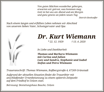 Traueranzeige von Kurt Wiemann von Uelzen