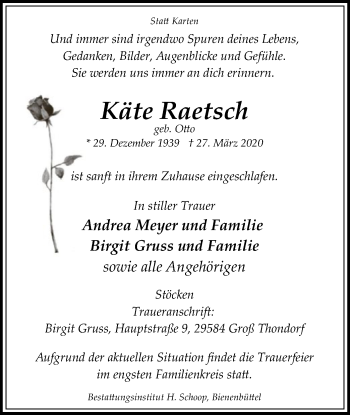 Traueranzeige von Käte Raetsch von Uelzen