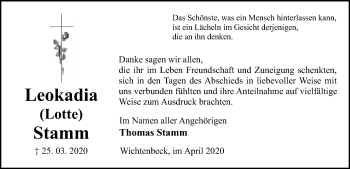 Traueranzeige von Leokadia Stamm von UEL