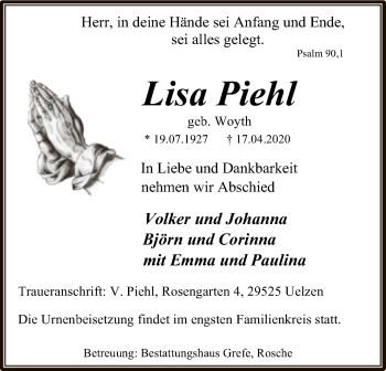 Traueranzeige von Lisa Piehl von UEL