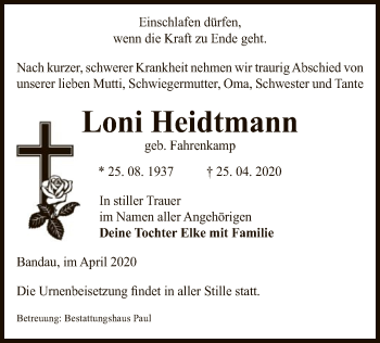 Traueranzeige von Loni Heidtmann von UEL