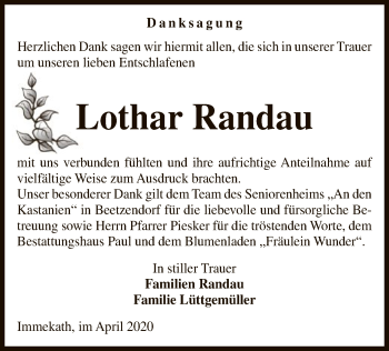 Traueranzeige von Lothar Randau von UEL