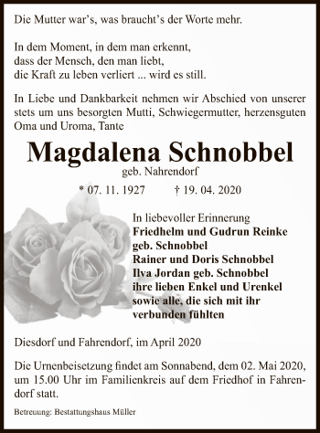 Traueranzeige von Magdalena Schnpbbel von Uelzen