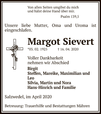 Traueranzeige von Margot Sievert von UEL