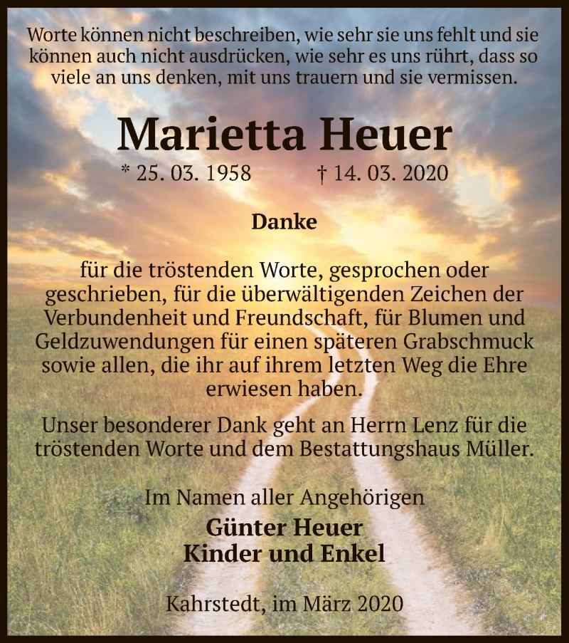  Traueranzeige für Marietta Heuer vom 18.04.2020 aus Uelzen