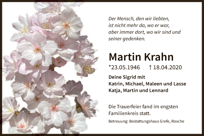  Traueranzeige für Martin Krahn vom 24.04.2020 aus UEL