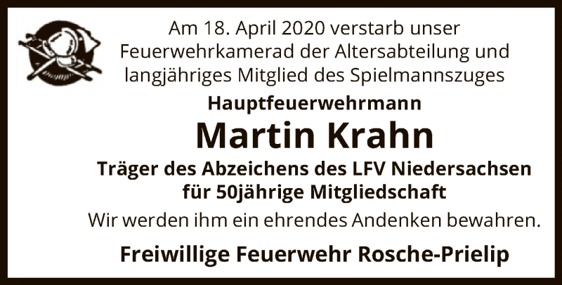 Traueranzeige für Martin Krahn vom 24.04.2020 aus UEL