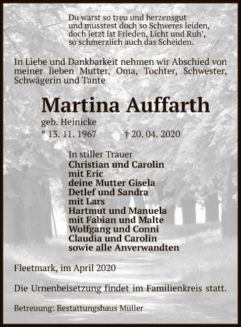 Traueranzeige von Martina auffarth von UEL