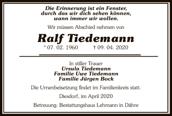 Traueranzeige von Ralf Tiedemann von Uelzen