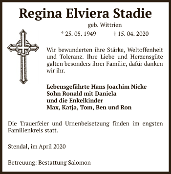 Traueranzeige von Regina Elviera Stadie von UEL