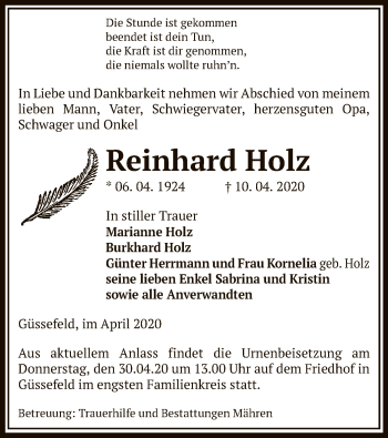 Traueranzeige von Reinhard Holz von Uelzen