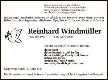 Traueranzeige von Reinhard Windmüller von Uelzen