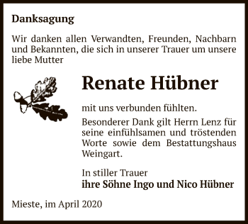 Traueranzeige von Renate Hübner von Uelzen