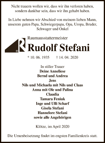 Traueranzeige von Rudolf Stefani von Uelzen