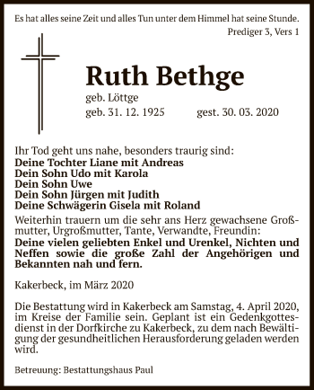 Traueranzeige von Ruth Bethge von Uelzen