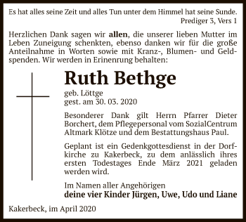 Traueranzeige von Ruth Bethge von Uelzen