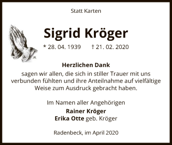 Traueranzeige von Sigrid Kröger von Uelzen