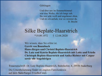 Traueranzeige von Silke Beplate-Haarstrich von Uelzen