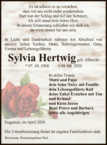 Traueranzeige von Sylvia Hertwig von Uelzen